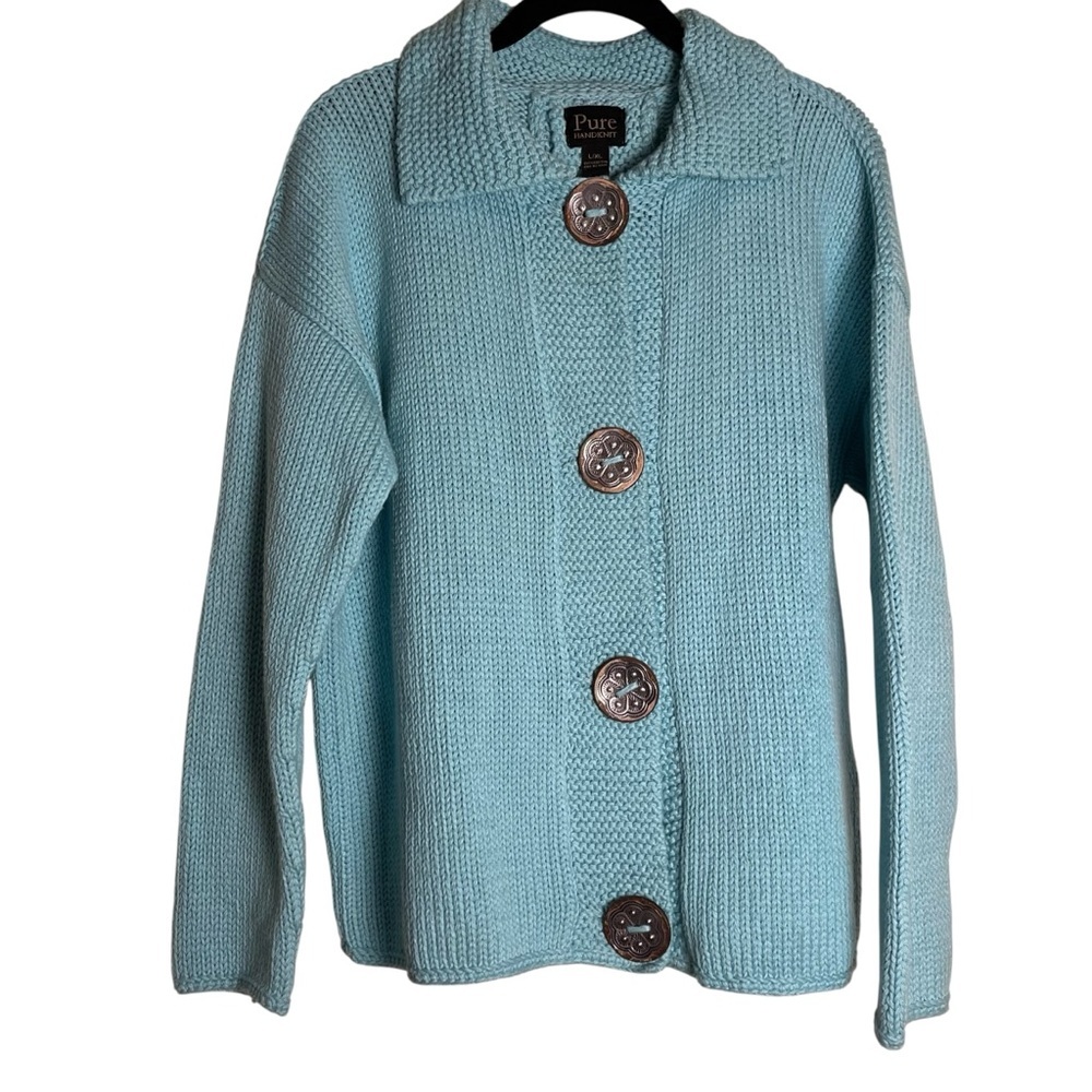 Anthropologie Pure Handknit Mint Blue Chunky Cardigan Sweater Buttons — S L/XL